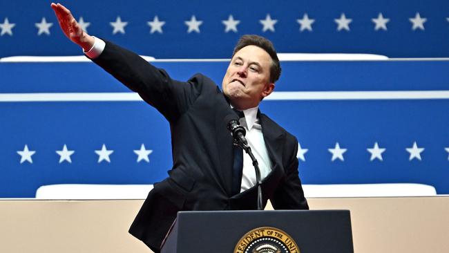 Mr Musk gestures during the inaugural parade inside Capitol One Arena. Picture: Angela Weiss/AFP