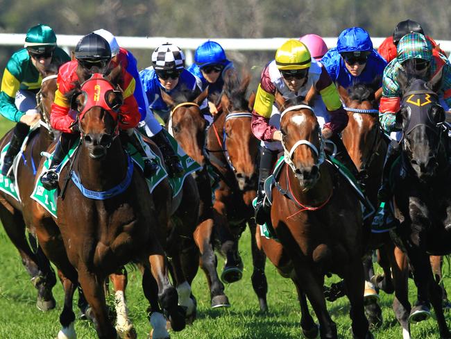 Loving home ridden by Tye Angland  (yellow cap, maroon with yellow armbands) wins race 1 during Scone  Races located in the Upper Hunter Region of NSW. The Bend . Pic Jenny Evans