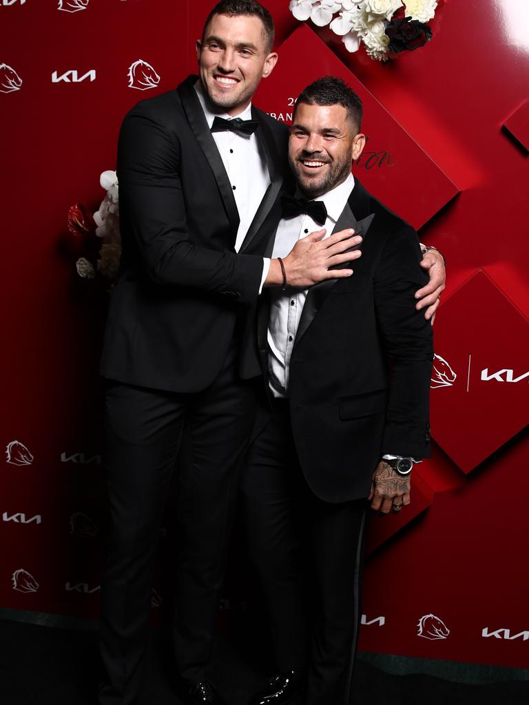 Corey Oates and Adam Reynolds at the Broncos awards night. Picture: David Clark