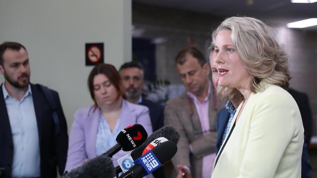 Minister for Home Affairs Clare O Neil holds a press conference at the Fairfield council chambers.