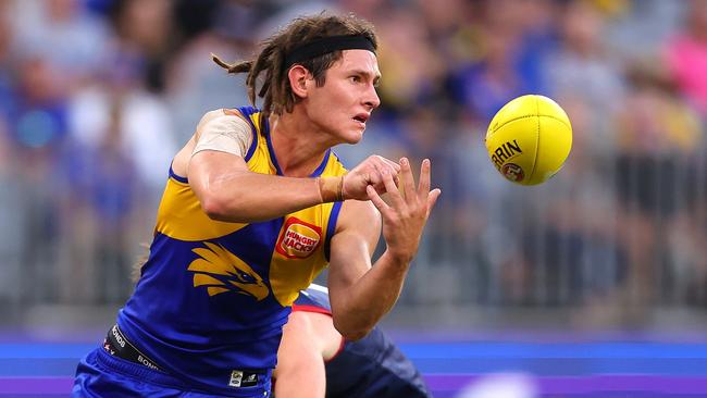 PERTH, AUSTRALIA - APRIL 09: Jai Culley of the Eagles handballs during the round four AFL match between West Coast Eagles and Melbourne Demons at Optus Stadium, on April 09, 2023, in Perth, Australia. (Photo by Paul Kane/Getty Images)