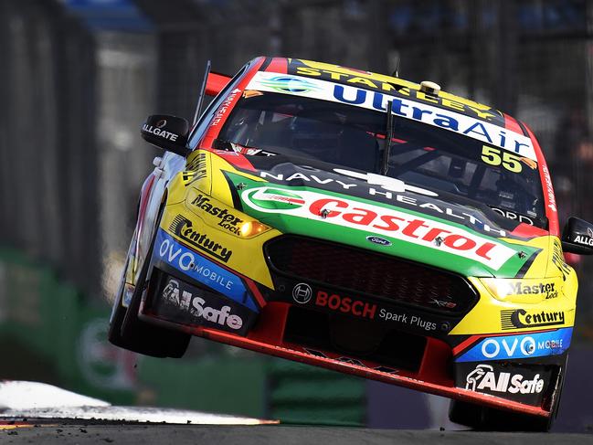 Chaz Mostert drives the #55 Supercheap Auto Racing Ford Falcon FGX through the Surfers Paradise ‘concrete canyon’ street circuit during race 22 of the 2017 Gold Coast 600. Picture: Daniel Kalisz/Getty Images.