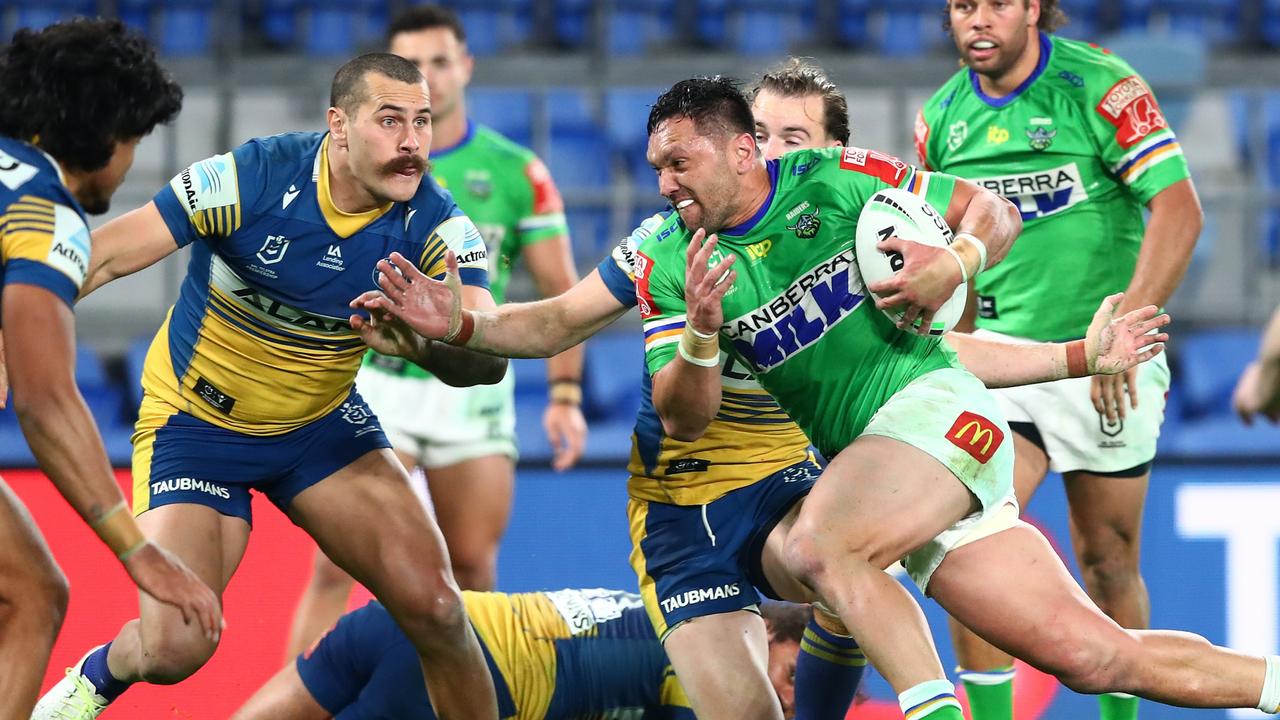 Jordan Rapana charges over to score against the Eels at Cbus Super Stadium. Picture: Chris Hyde/Getty Images