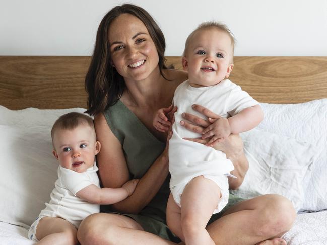 Daisy Pearce with twins Sylvie and Roy. Picture:: Hilary Walker for tooshies by TOM