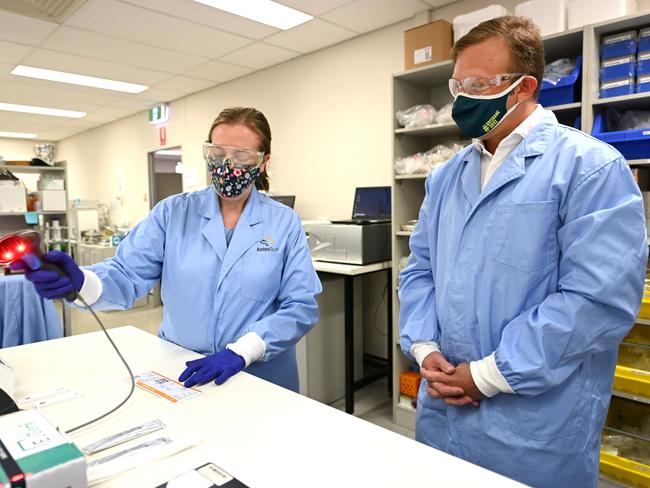 Queensland Deputy Premier Steven Miles visits the labs of AnteoTech in Brisbane. Picture: NCA NewsWire / Dan Peled