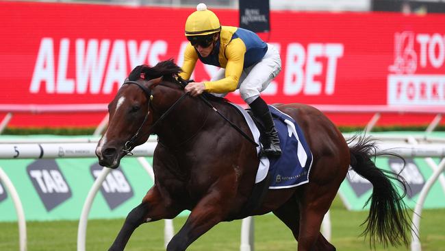 Golden Slipper favourite Storm Boy cruises to victory in the Group 2 Skyline Stakes at Randwick. Picture: Getty Images