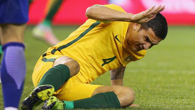 Tim Cahill of the Socceroos shows his frustration.