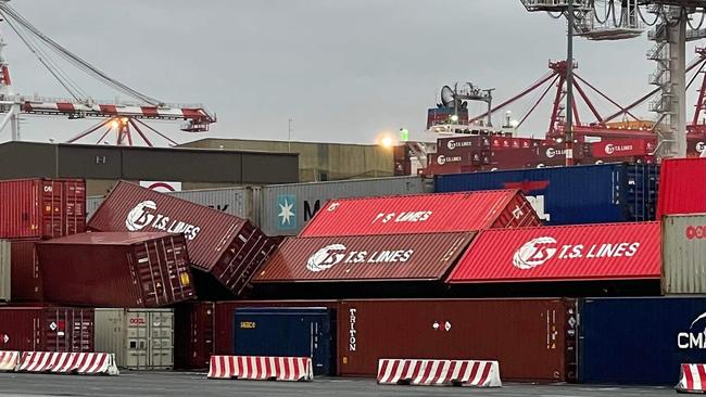 Toppled shipping containers at Port Melbourne.