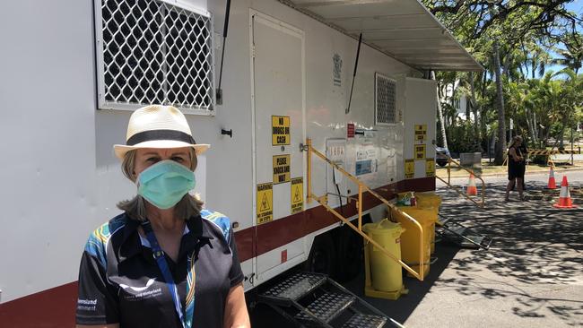 Cairns Hinterland Hospital and Health Service Incident Controller for the COVID response, Donna Goodman, at the mobile coronavirus testing van at Port Douglas. Picture: Mark Murray