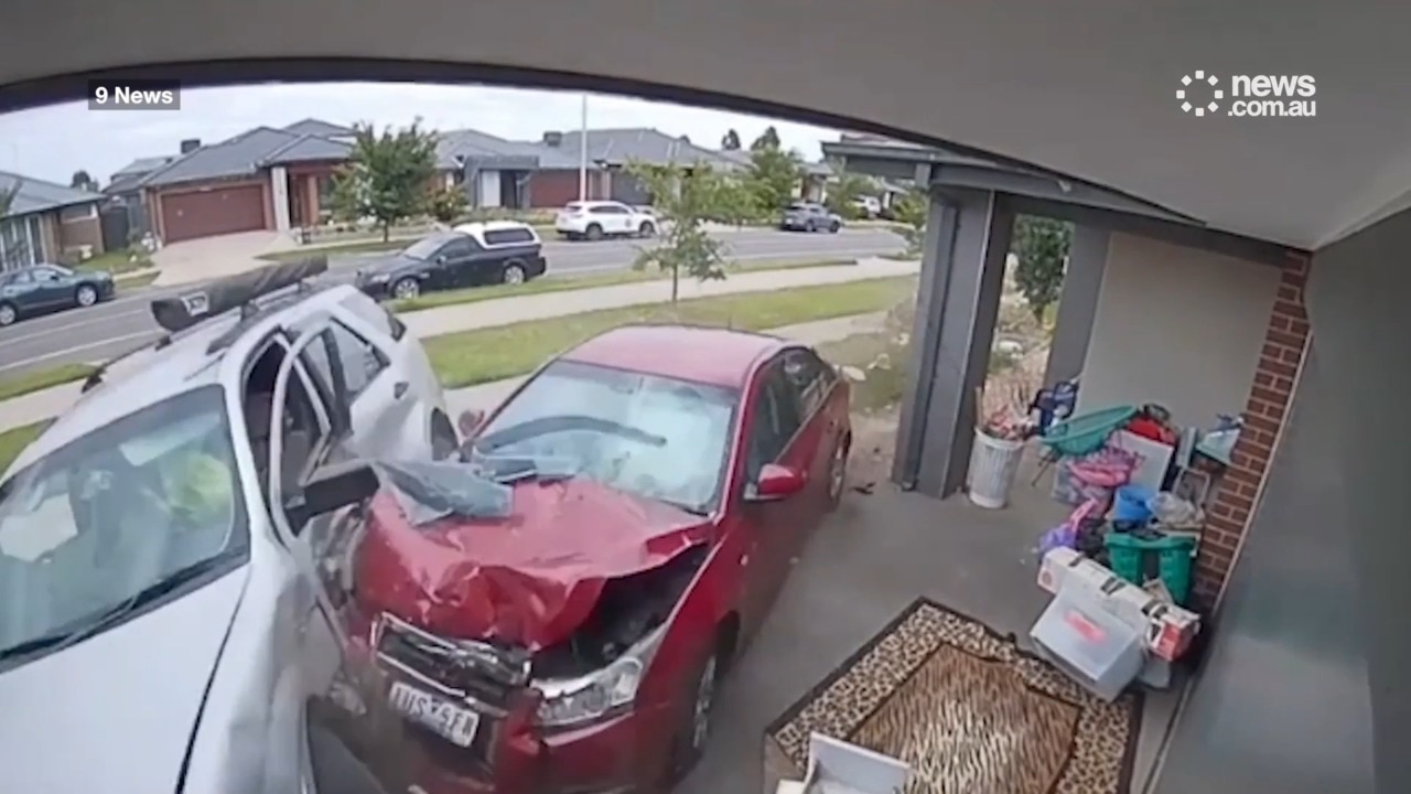 Family's lucky escape after out-of-control car smashes into another vehicle