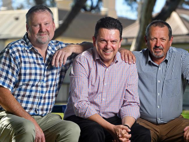 SA Best leader Nick Xenophon flanked by new candidates Michael Slattery and Andrew Stratford. Picture: Tom Huntley