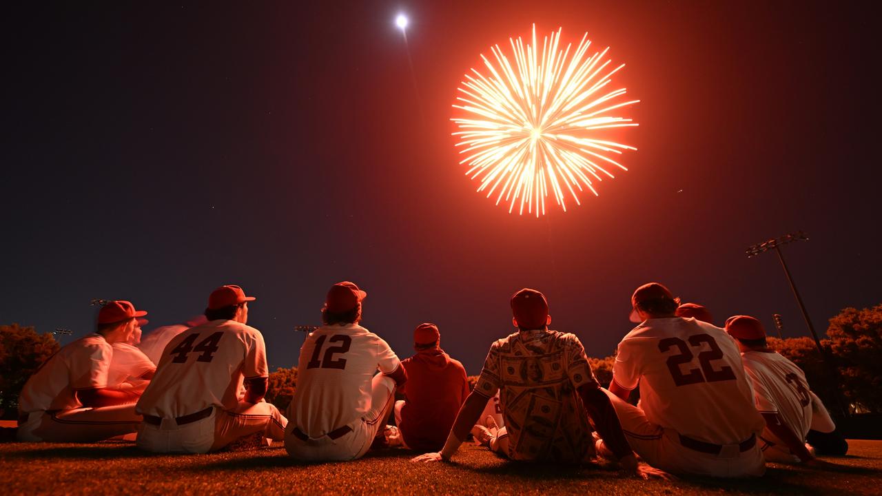 Stanford Cardinal players watch a fireworks show after their win over the Oregon Ducks in California. Picture: Eakin Howard/Getty Images