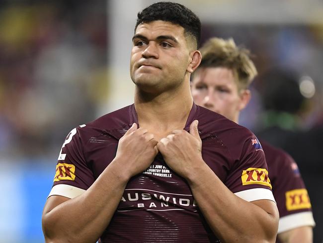 TOWNSVILLE, AUSTRALIA - JUNE 09: David Fifita of the Maroons  walks from the field after losing game one of the 2021 State of Origin series between the New South Wales Blues and the Queensland Maroons at Queensland Country Bank Stadium on June 09, 2021 in Townsville, Australia. (Photo by Ian Hitchcock/Getty Images)