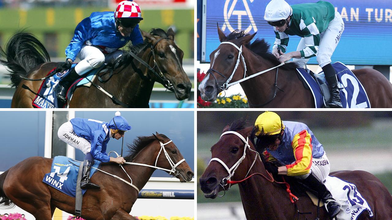 Champion mares (clockwise, from top left) Makybe Diva, Via Sistina, Sunline and Winx.