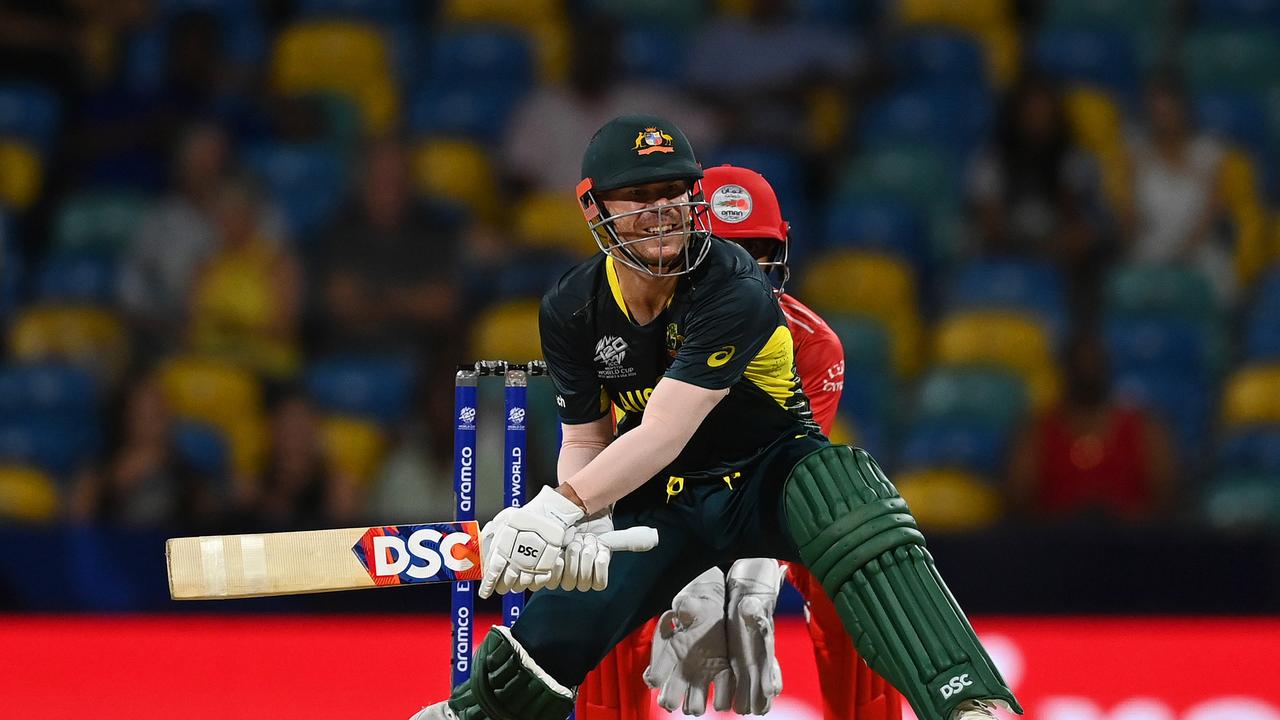 David Warner of Australia bats during the ICC Men's T20 Cricket World Cup West Indies &amp; USA 2024 match between Australia and Oman. (Photo by Gareth Copley/Getty Images)