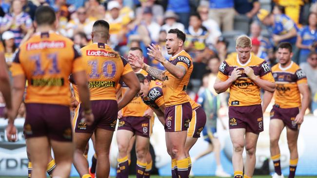 Darius Boyd talkes to his Broncos teammates after an Eels try. Picture: Getty Images