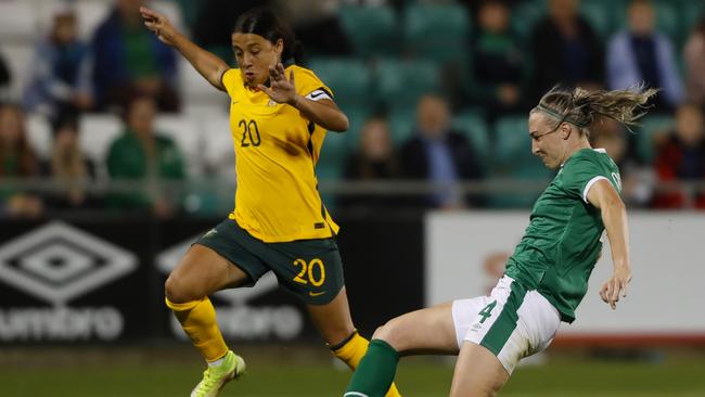 Sam Kerr’s 100th game for the Matildas didn’t go according to plan. Picture: Oisin Keniry/Getty Images