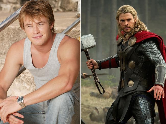 From soapies to the big time: Hemsworth as Kim Hyde in Home and Away and right, as Thor.