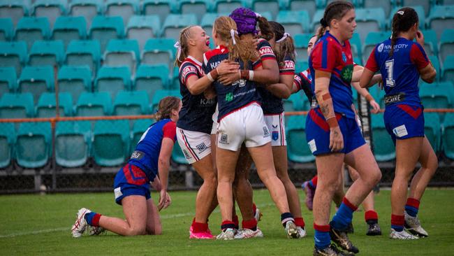 Roosters celebrate in the Tarsha Gale Cup. Picture: Thomas Lisson.