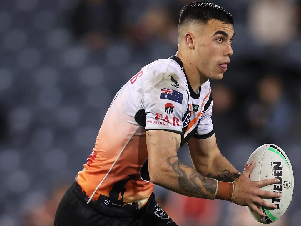 Charlie Staines has earned the astonishment of his Wests Tigers teammates for playing on through the pain of a perforated bowel. Picture: Mark Kolbe/Getty Images