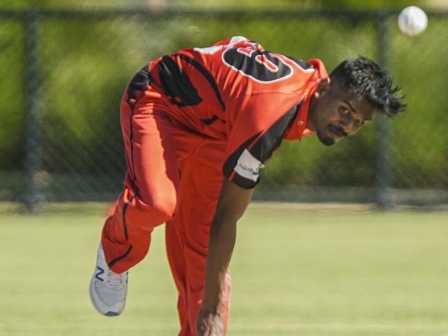 Subbies Cricket: Moorabbin v Plenty Valley. Damsara Menwara bowling for Moorabbin. Picture: Valeriu Campan