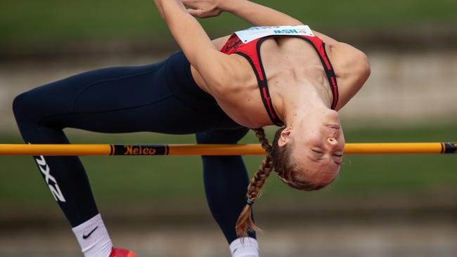 Erin Shaw from Frenchs Forest in the high jump at Sydney Olympic Park on Sunday.