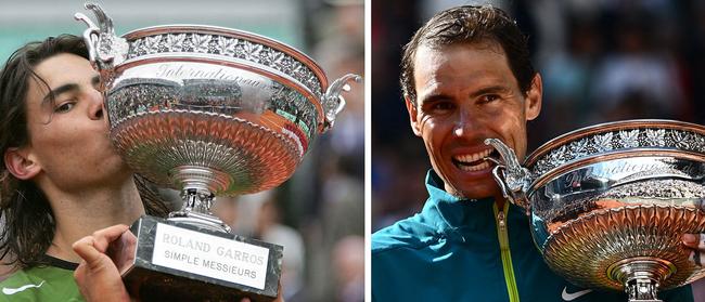 Rafael Nadal holding his trophy after his first victory at the tennis French Open in 2005 and holding his trophy after his 14th victory at Roland Garros on June 5, 2022 in Paris. (Photo by THOMAS COEX and Anne-Christine POUJOULAT / AFP)