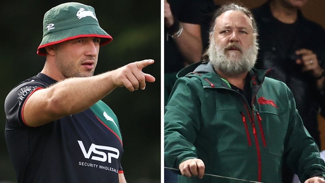 Russell Crowe (right) reportedly hung up the phone on Sam Burgess amid a discussion about the Rabbitohs' woes.