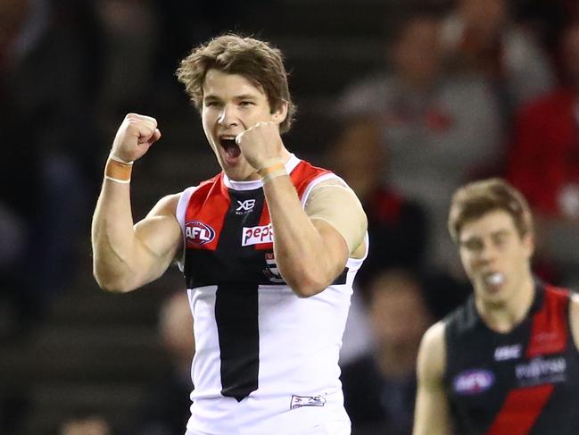 Nathan Freeman of the Saints celebrates after kicking his first AFL goal on August 10, 2018. (Photo by Scott Barbour/Getty Images)