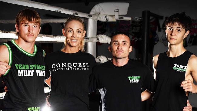 Fighters Dre Stalder and Jayden Carroll with coach Brodie and Elise Stalder of Stalder Muay Thai. Picture: Patrick Woods.