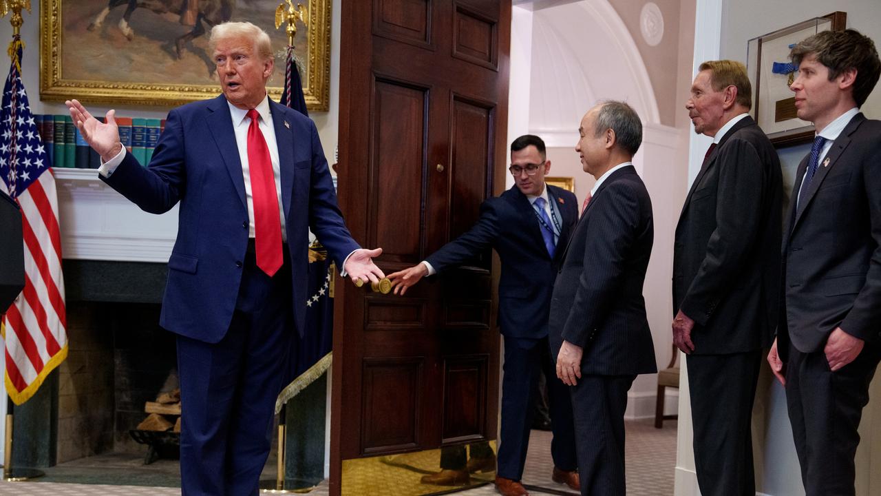 US President Donald Trump, accompanied by OpenAI chief Sam Altman, SoftBank’s Masayoshi Son and Oracle founder Larry Ellison at the White House. Picture: Getty Images