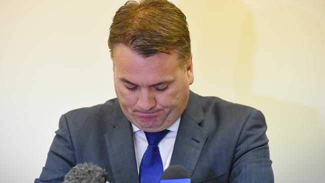 Jamie Briggs announces his resignation as a Turnbull Government minister in Adelaide. Picture: Roy VanDerVegt.