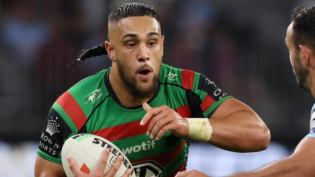 PERTH, AUSTRALIA - AUGUST 05: Keaon Koloamatangi of the Rabbitohs runs with the ball during the round 23 NRL match between South Sydney Rabbitohs and Cronulla Sharks at Optus Stadium on August 05, 2023 in Perth, Australia. (Photo by Will Russell/Getty Images)