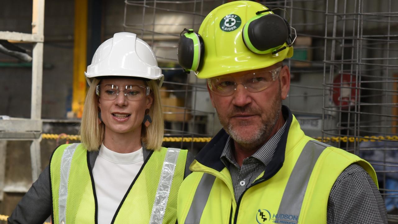 Labor opposition leader Rebecca White and Hudson Civil Products managing director Michael Hudson. Picture: Alex Treacy