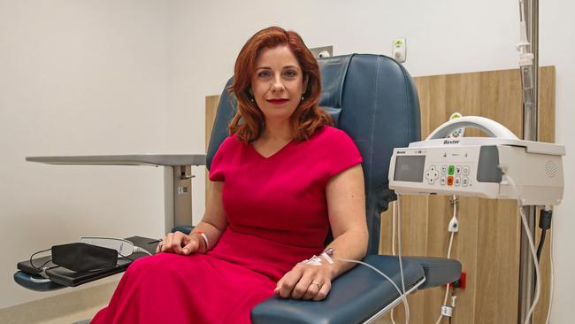 Minister Anika Wells receives a transfusion of drug she needs for her auto-immune disease at the North West Private Hospital Infusion Centre. Picture: Zak Simmonds