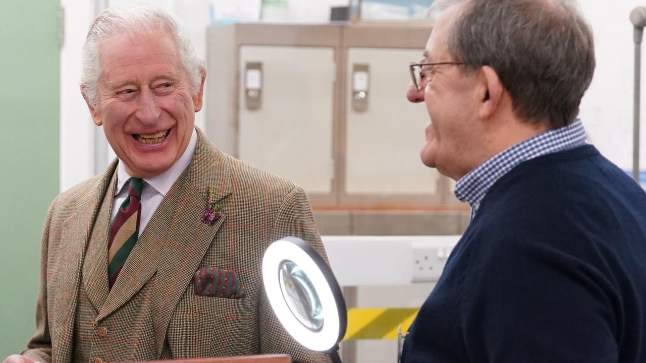 King Charles III (R) visits Aboyne and Mid Deeside Community Shed on January 12, 2023 in Aboyne, Aberdeenshire, Scotland. (Photo by Andrew Milligan/WPA Pool/Getty Images)