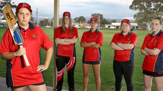 22 female cricketers are attempting to move from Southern District to Adelaide Cricket Club, but the former is refusing to approve the clearances. Former Southern captain Jess O'Reilly, along with Kaylee Trenerry, Callie Wilson, Kelly Armstrong, and Jasmin Earl, at Glandore Oval. Picture: Dean Martin