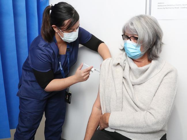 Fran Gaffney (68) gets her vaccination. Monday, May 3, 2021. Picture: David Crosling