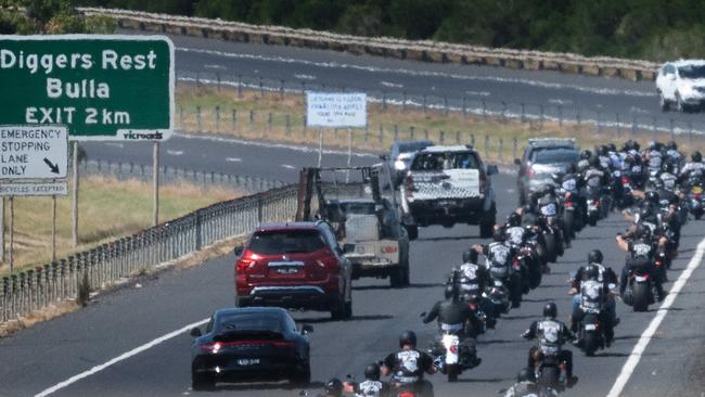 The Mongols heading back to their headquarters in Port Melbourne via the Calder Freeway. Picture: Tony Gough