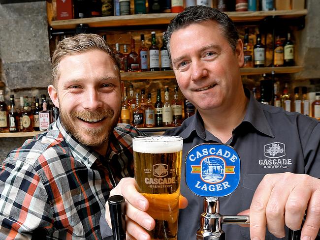 The Brick Factory manager Rohan Massie, left, with Cascade head brewer Mike Unsworth enjoying Cascade Blue on tap for first time at any venue