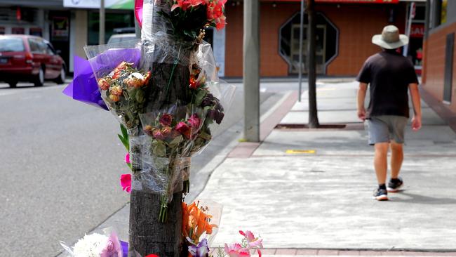 Flowers left at the scene where Haydn Butcher was punched by George Habkouk and died outside the Lakes Hotel at The Entrance. Picture: John Grainger