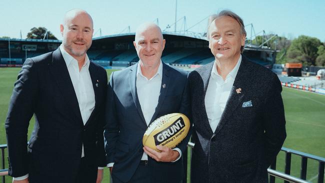 Luke Sayers with Carlton deputy chief Graham Wright and chief executive Brian Cook at Ikon Park. Picture: Carlton FC