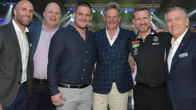 Brendan Fevola at last year’s Grand Final Footy Show with Chris Judd, Billy Brownless, Sam Newman, Nathan Buckley and Eddie McGuire. Picture: Channel 9