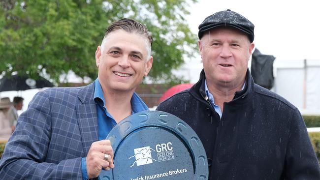 Geelong Classic winner 7 Served Cold owner Jonathan Rosham and Trainer Danny O’Brien Picture: Mark Wilson.