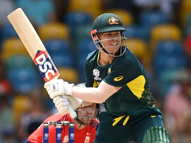 BRIDGETOWN, BARBADOS - JUNE 08: David Warner of Australia bats during the ICC Men's T20 Cricket World Cup West Indies & USA 2024 match between Australia  and England at  Kensington Oval on June 08, 2024 in Bridgetown, Barbados. (Photo by Gareth Copley/Getty Images)