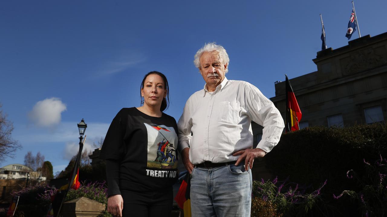 Nala Mansell with father Michael Mansell. Members of the Tasmanian Aboriginal community are setting up camp on Parliament House lawns Hobart to assert their sovereign rights over their lands and demand a treaty. Picture: Nikki Davis-Jones