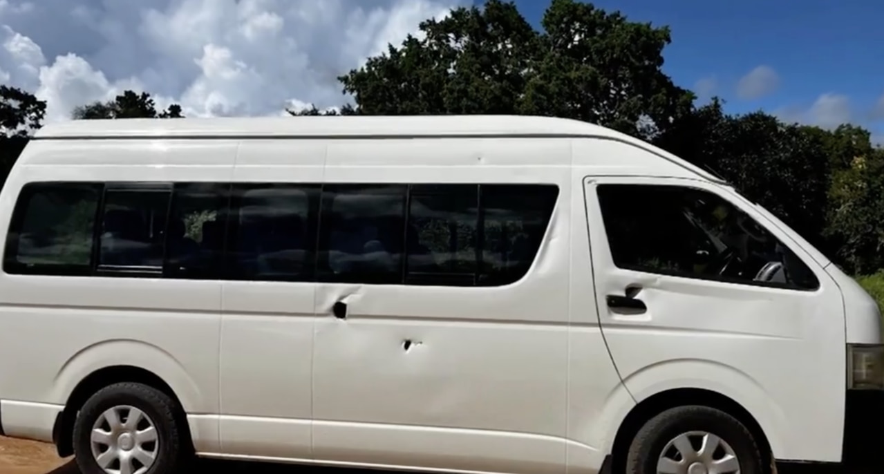 The van showing the damage the elephant tusks made. No one was injured in the incident.