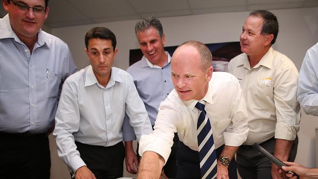 Andrew Cripps, David Crisafulli, Dale Last and John Hathaway with former Premier Campbell Newman. Pictures: Jack Tran / The Courier Mail / News Corp