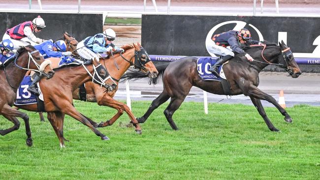 Smokin’ Romans (black and blue, white cap) finished second behind Horrifying last start at Flemington. Picture: Reg Ryan/Racing Photos via Getty Images