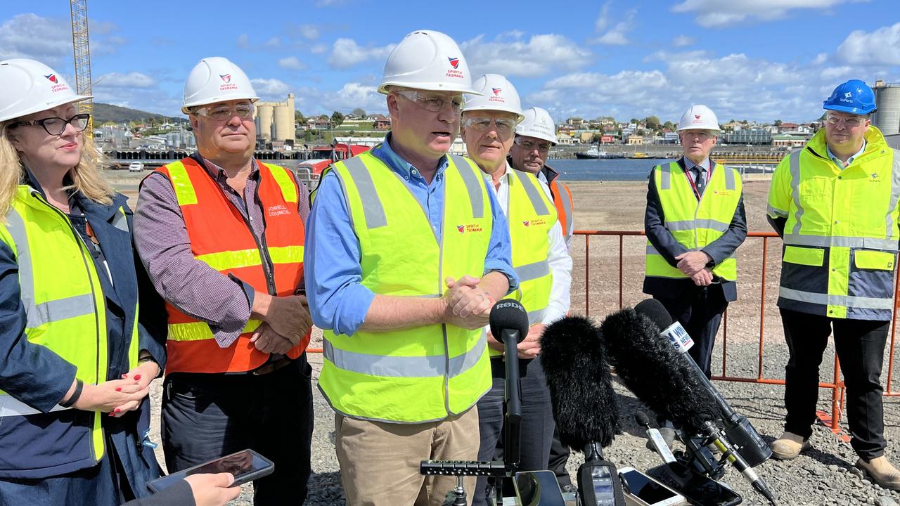 Premier Jeremy Rockliff addressing media at the construction site of Berth 3E in Devonport. Picture: Simon McGuire.